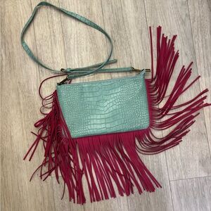 Stylish Green and Pink Fringe Women's Bag